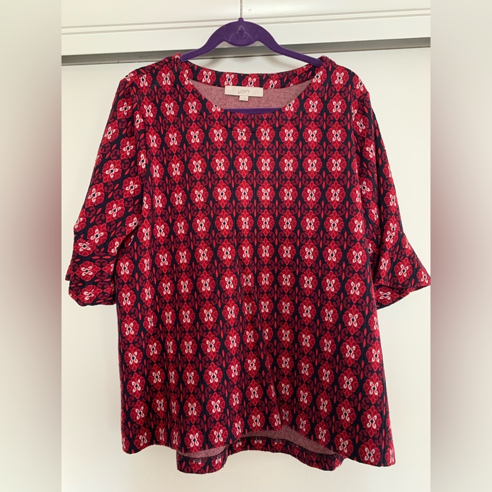 LOFT Jacquard Knit Top Ruffle Geometric Romantic Coquette Colorful Boho Chic